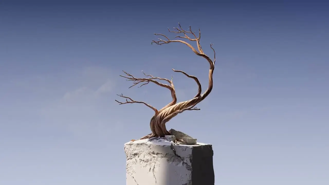 A wind-shaped tree rooted into the top of a cracked stone plinth against a clear sky: what was planted for return, holding.