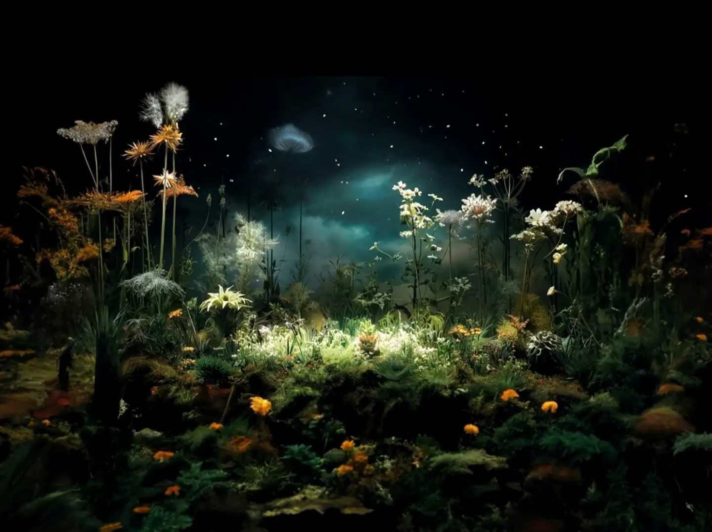A dark garden lit from within: seed heads, thistles and wildflowers standing at their own heights against a near-black sky, every one of them grown rather than placed.