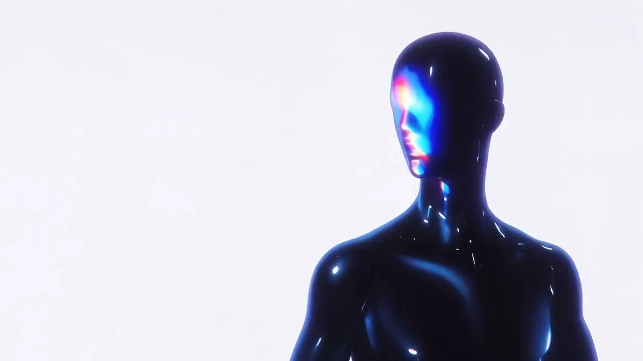 A glossy dark figure against a pale empty field, one band of refracted colour falling where a face would be: present in the room, identifiable to no one.