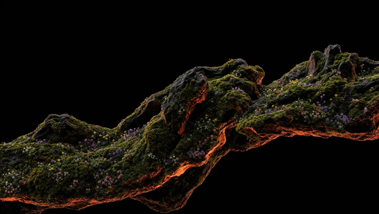 A ridge of moss and small wildflowers rising out of pure black, lit from beneath by a seam of amber light: terrain visible only where the light reaches it.